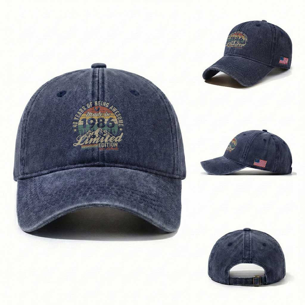 40th Birthday Made In 1986 Washed Cotton Baseball Cap 40 Years Of Being Awesome Vintage Limited Edition TS11 Washed Cap Universal Fit Navy Print Your Wear