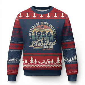 70th Birthday Made In 1956 Ugly Christmas Sweater 70 Years Of Being Awesome Vintage Limited Edition TS11 Navy Red Print Your Wear