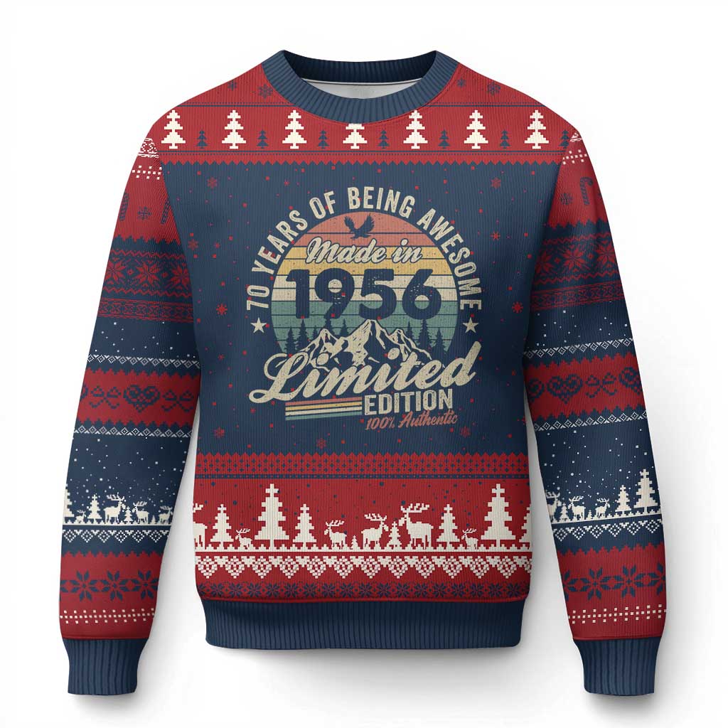 70th Birthday Made In 1956 Ugly Christmas Sweater 70 Years Of Being Awesome Vintage Limited Edition TS11 Navy Red Print Your Wear