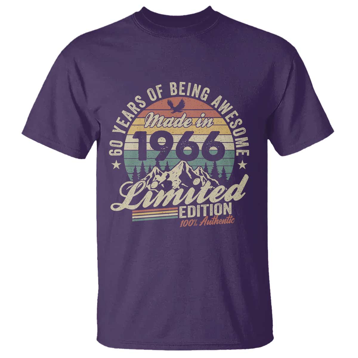 60th Birthday Made In 1966 T Shirt - 60 Years Of Being Awesome Vintage Limited Edition Tee TS11 Purple Print Your Wear