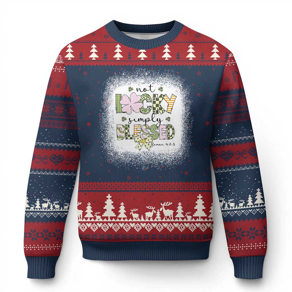 Not Lucky Simply Blessed Ugly Christmas Sweater Blessed Christian Shamrocks St Patricks Day TS11 Navy Red Print Your Wear