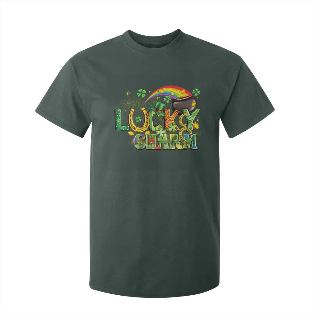 Funny St Patrick's Day Lucky Charm T Shirt For Kid Rainbow Gold Pot Clover TS11 Dark Forest Green Print Your Wear