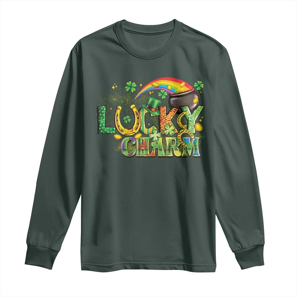 Funny St Patrick's Day Lucky Charm Long Sleeve Shirt Rainbow Gold Pot Clover TS11 Dark Forest Green Print Your Wear