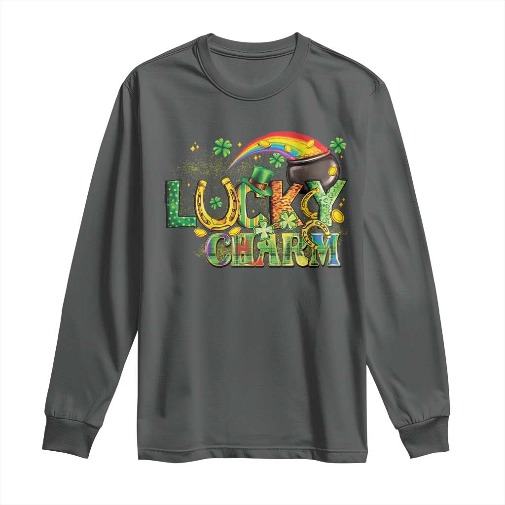 Funny St Patrick's Day Lucky Charm Long Sleeve Shirt Rainbow Gold Pot Clover TS11 Dark Heather Print Your Wear