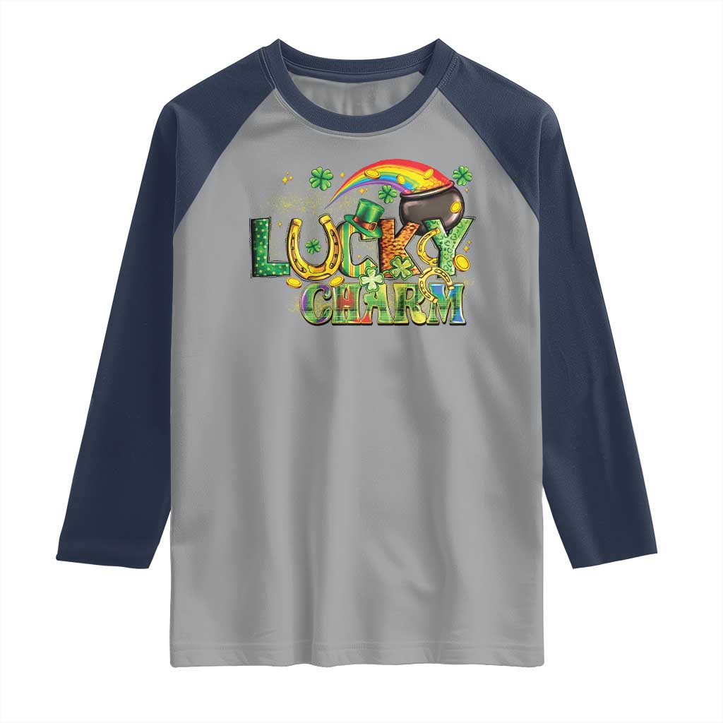 Funny St Patrick's Day Lucky Charm Raglan Shirt Rainbow Gold Pot Clover TS11 Sport Gray Navy Print Your Wear