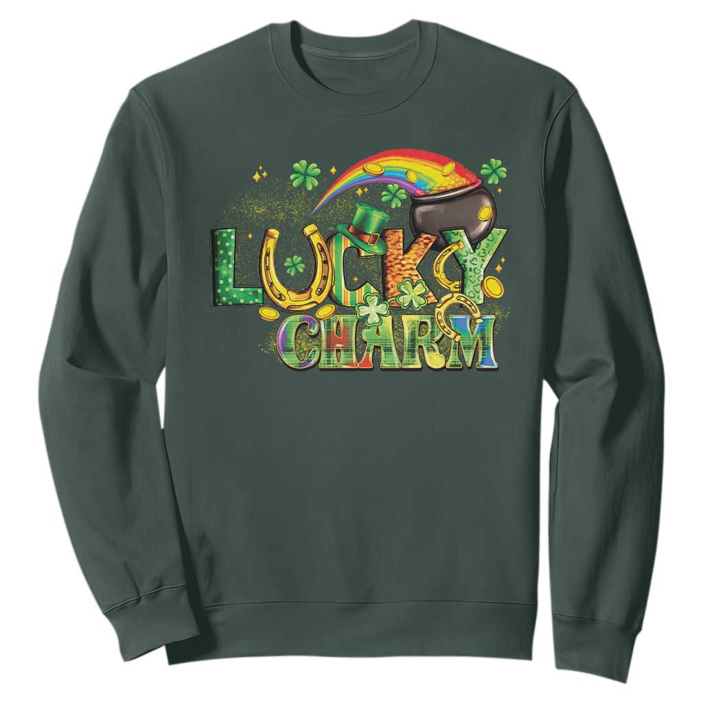 Funny St Patrick's Day Lucky Charm Sweatshirt Rainbow Gold Pot Clover TS11 Dark Forest Green Print Your Wear