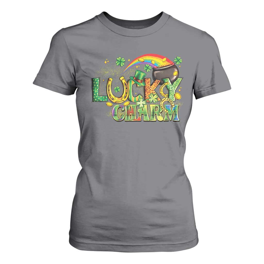 Funny St Patrick's Day Lucky Charm T Shirt For Women Rainbow Gold Pot Clover TS11 Charcoal Print Your Wear