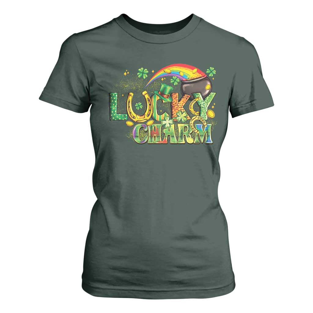 Funny St Patrick's Day Lucky Charm T Shirt For Women Rainbow Gold Pot Clover TS11 Dark Forest Green Print Your Wear