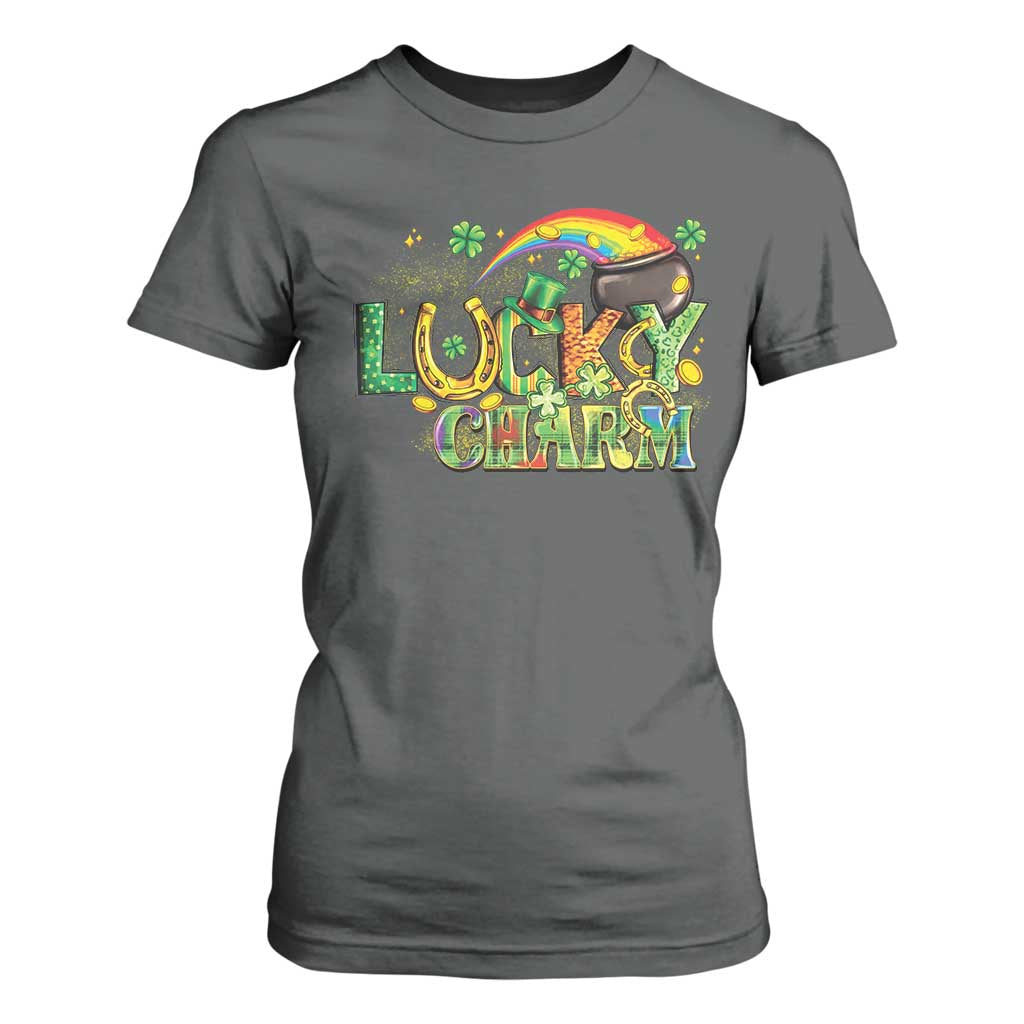 Funny St Patrick's Day Lucky Charm T Shirt For Women Rainbow Gold Pot Clover TS11 Dark Heather Print Your Wear