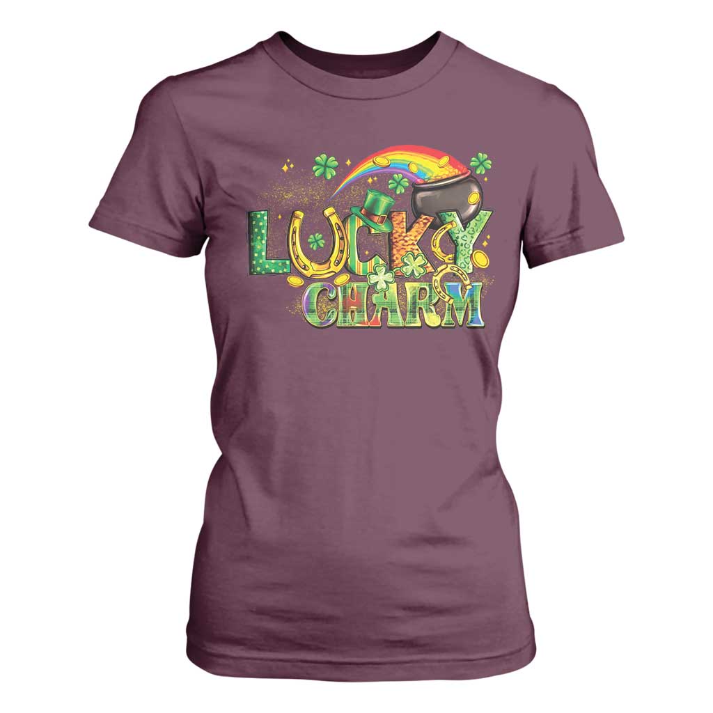 Funny St Patrick's Day Lucky Charm T Shirt For Women Rainbow Gold Pot Clover TS11 Maroon Print Your Wear