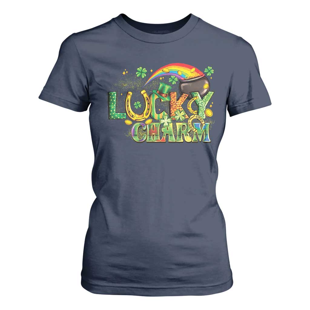 Funny St Patrick's Day Lucky Charm T Shirt For Women Rainbow Gold Pot Clover TS11 Navy Print Your Wear