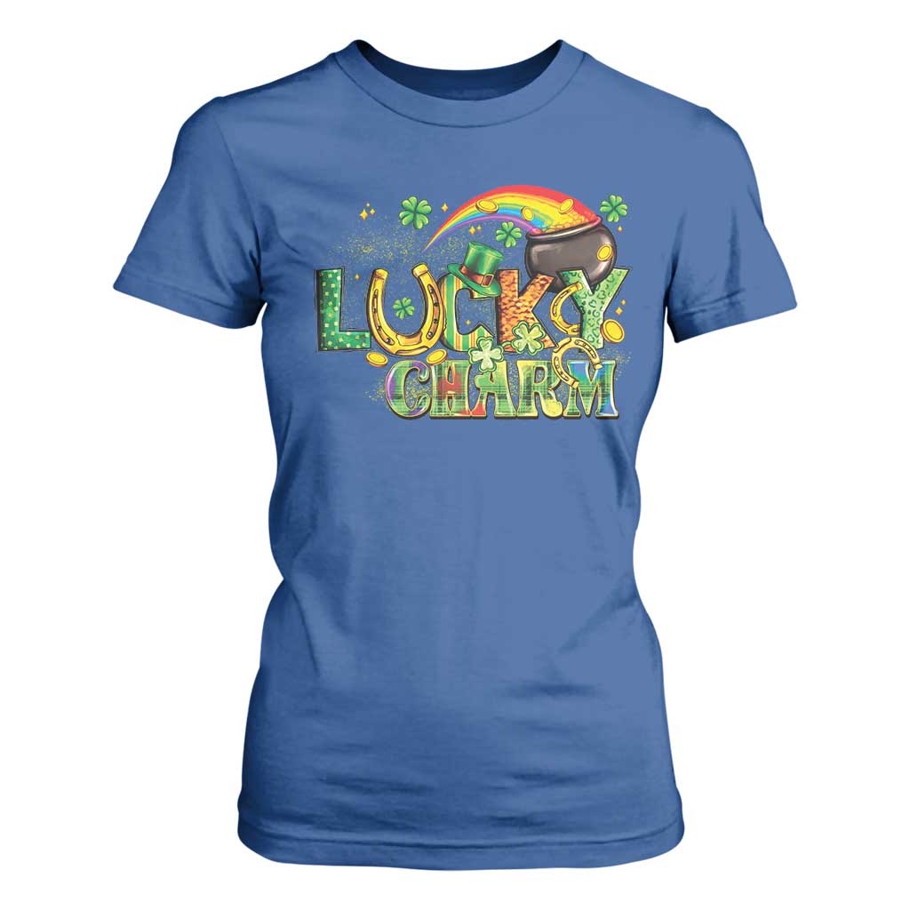 Funny St Patrick's Day Lucky Charm T Shirt For Women Rainbow Gold Pot Clover TS11 Royal Blue Print Your Wear