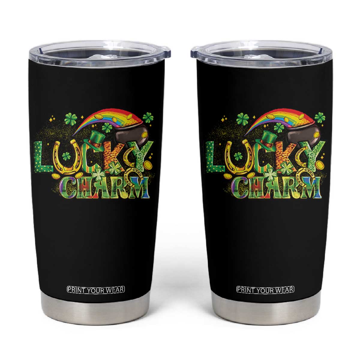 Funny St Patrick's Day Lucky Charm Tumbler Cup Rainbow Gold Pot Clover TS11 Black Print Your Wear