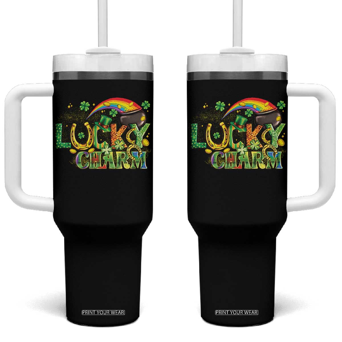 Funny St Patrick's Day Lucky Charm Tumbler With Handle Rainbow Gold Pot Clover TS11 One Size: 40 oz Black Print Your Wear