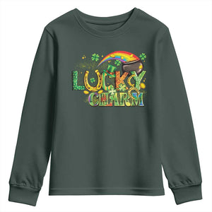 Funny St Patrick's Day Lucky Charm Youth Sweatshirt Rainbow Gold Pot Clover TS11 Dark Forest Green Print Your Wear
