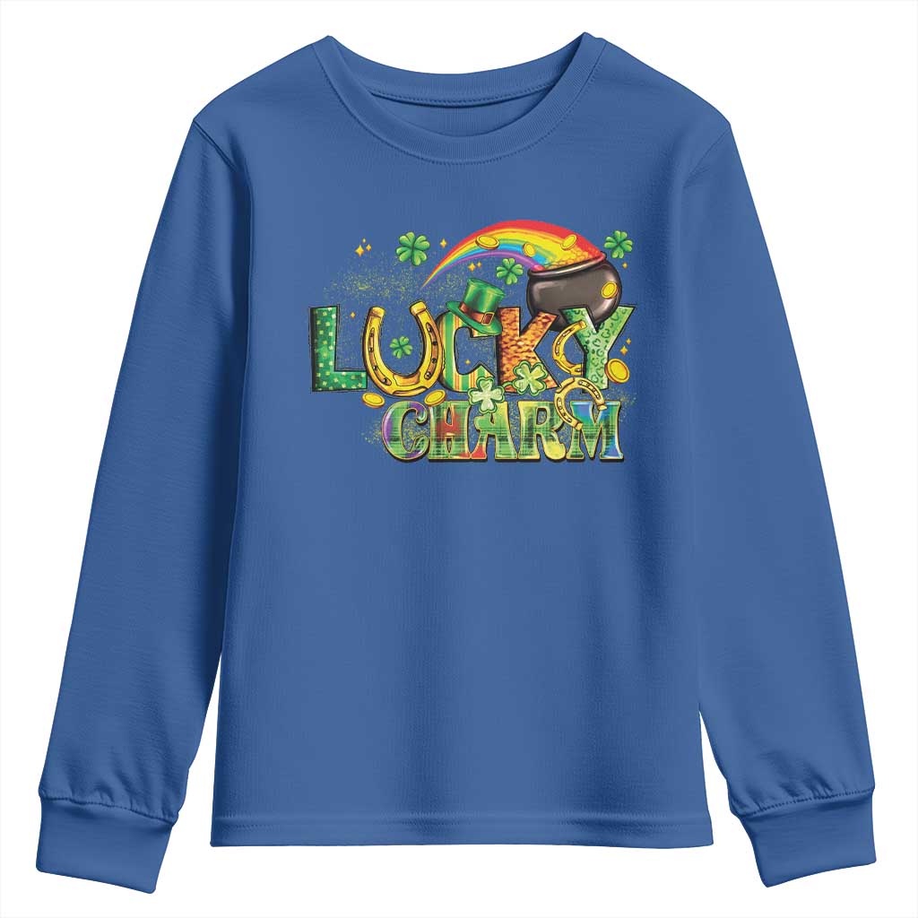 Funny St Patrick's Day Lucky Charm Youth Sweatshirt Rainbow Gold Pot Clover TS11 Royal Blue Print Your Wear