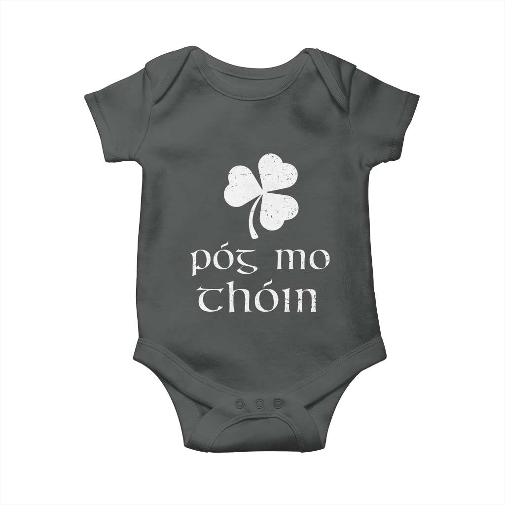 Funny Irish Pog Mo Thoin Baby Onesie St Patrick's Day Gaelic Saying Shamrock TS11 Dark Heather Print Your Wear