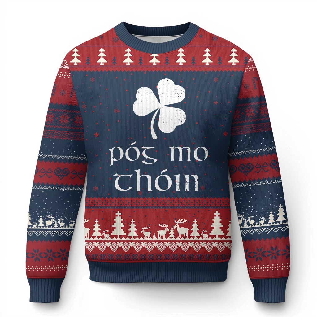 Funny Irish Pog Mo Thoin Ugly Christmas Sweater St Patrick's Day Gaelic Saying Shamrock TS11 Navy Red Print Your Wear