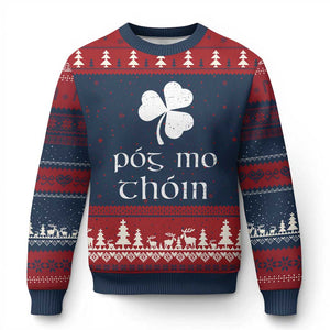 Funny Irish Pog Mo Thoin Ugly Christmas Sweater St Patrick's Day Gaelic Saying Shamrock TS11 Navy Red Print Your Wear