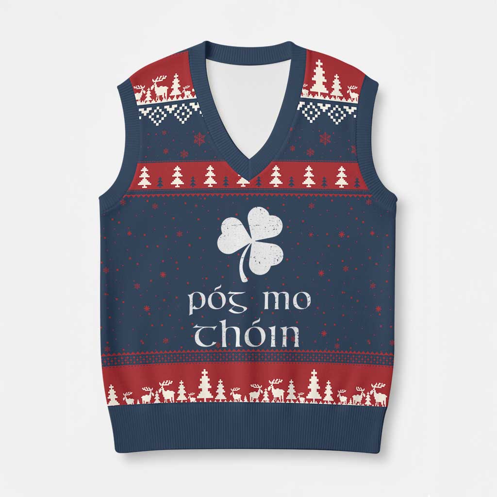 Funny Irish Pog Mo Thoin V-Neck Knit Sweater Vest St Patrick's Day Gaelic Saying Shamrock TS11 Navy Red Print Your Wear