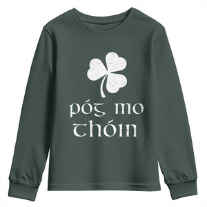 Funny Irish Pog Mo Thoin Youth Sweatshirt St Patrick's Day Gaelic Saying Shamrock TS11 Dark Forest Green Print Your Wear