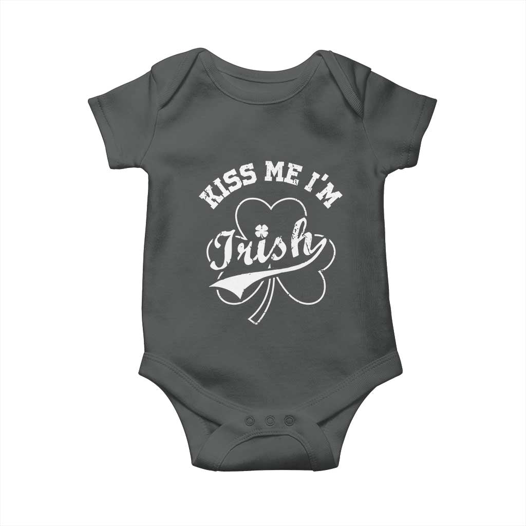 Funny Kiss Me I'm Irish St Patricks Day Baby Onesie Vintage Shamrock TS11 Dark Heather Print Your Wear