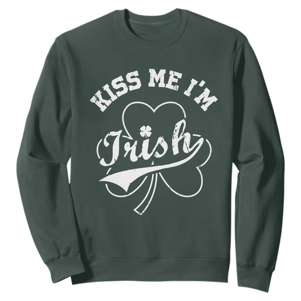 Funny Kiss Me I'm Irish St Patricks Day Sweatshirt Vintage Shamrock TS11 Dark Forest Green Print Your Wear