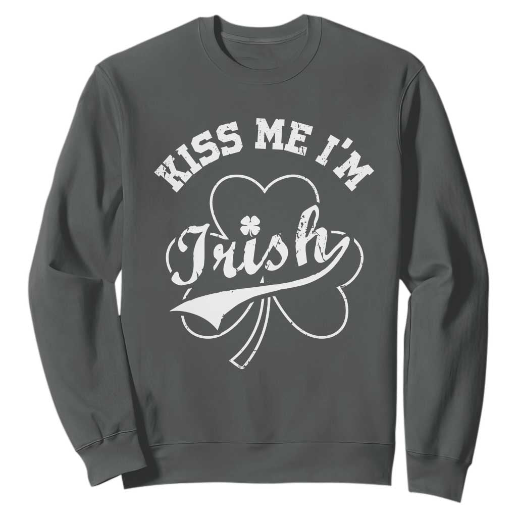 Funny Kiss Me I'm Irish St Patricks Day Sweatshirt Vintage Shamrock TS11 Dark Heather Print Your Wear