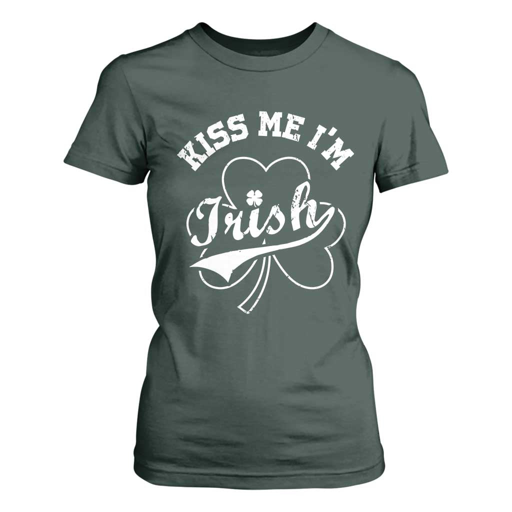 Funny Kiss Me I'm Irish St Patricks Day T Shirt For Women Vintage Shamrock TS11 Dark Forest Green Print Your Wear