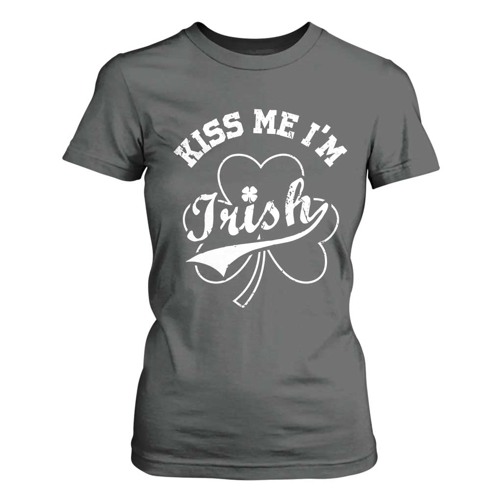 Funny Kiss Me I'm Irish St Patricks Day T Shirt For Women Vintage Shamrock TS11 Dark Heather Print Your Wear