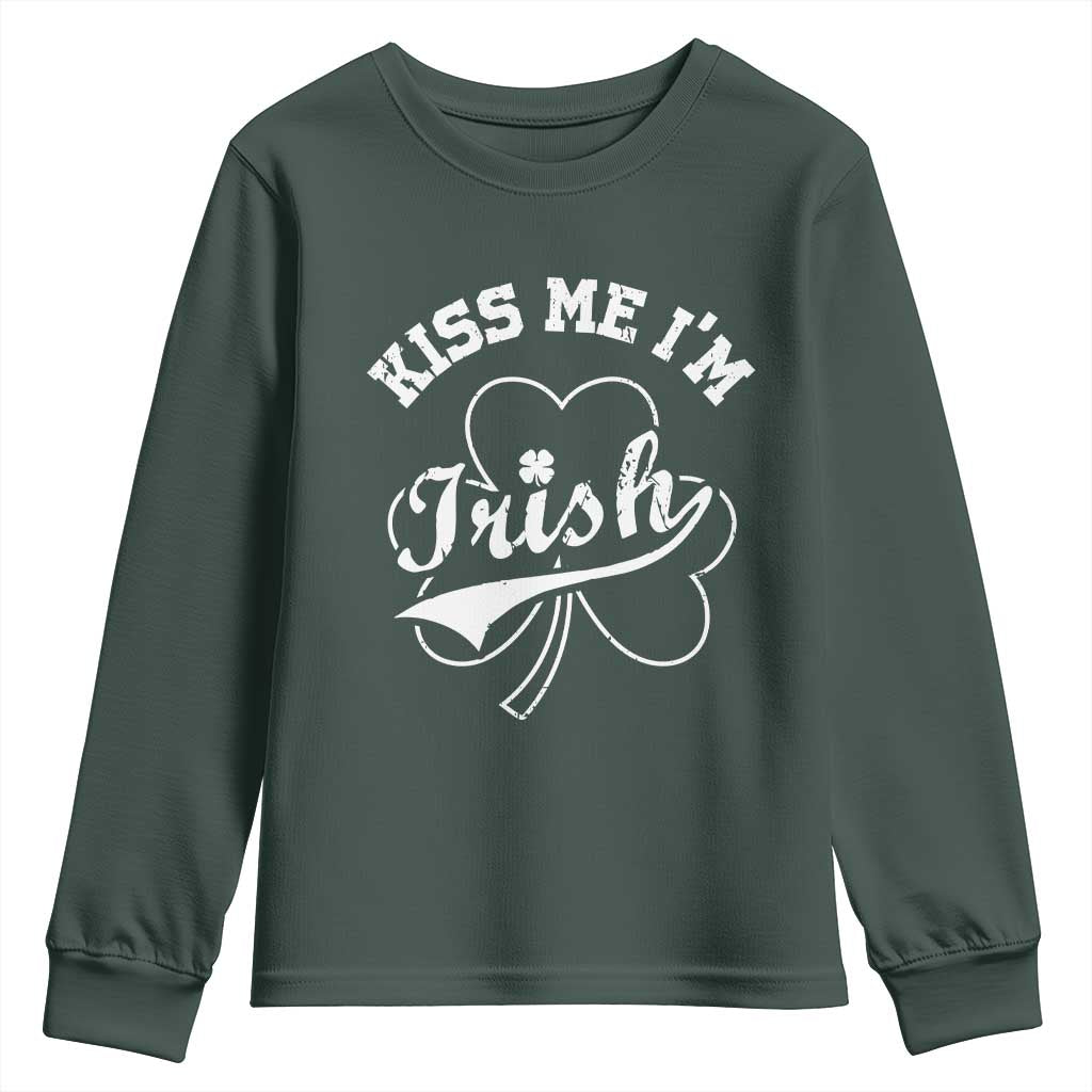 Funny Kiss Me I'm Irish St Patricks Day Youth Sweatshirt Vintage Shamrock TS11 Dark Forest Green Print Your Wear