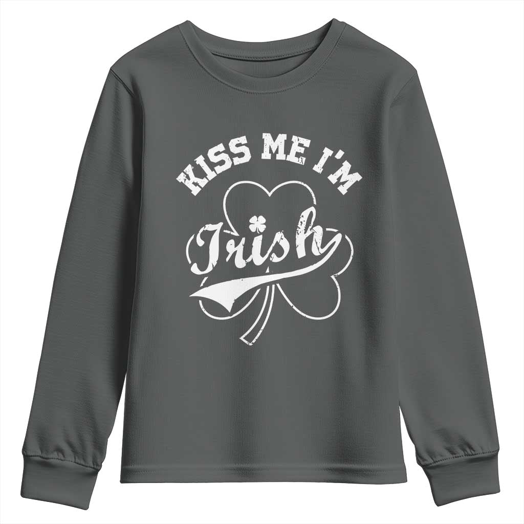 Funny Kiss Me I'm Irish St Patricks Day Youth Sweatshirt Vintage Shamrock TS11 Dark Heather Print Your Wear