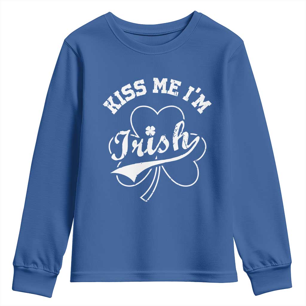 Funny Kiss Me I'm Irish St Patricks Day Youth Sweatshirt Vintage Shamrock TS11 Royal Blue Print Your Wear
