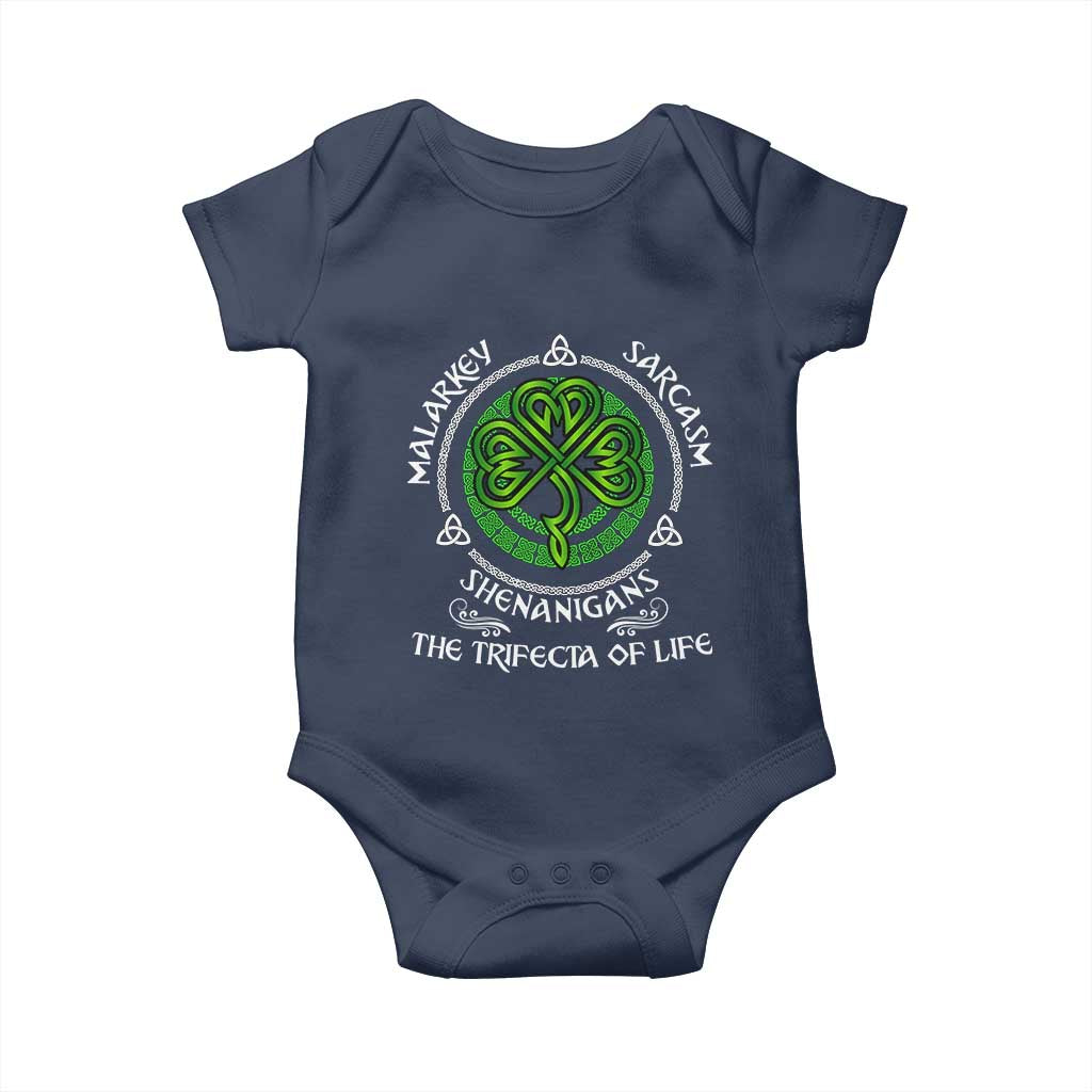Funny St Patricks Day Irish Pride Baby Onesie Malarkey Sarcasm Shenanigans The Trifecta Of Life TS11 Navy Print Your Wear