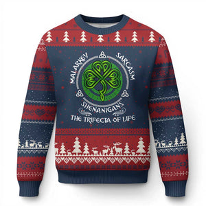 Funny St Patricks Day Irish Pride Ugly Christmas Sweater Malarkey Sarcasm Shenanigans The Trifecta Of Life TS11 Navy Red Print Your Wear