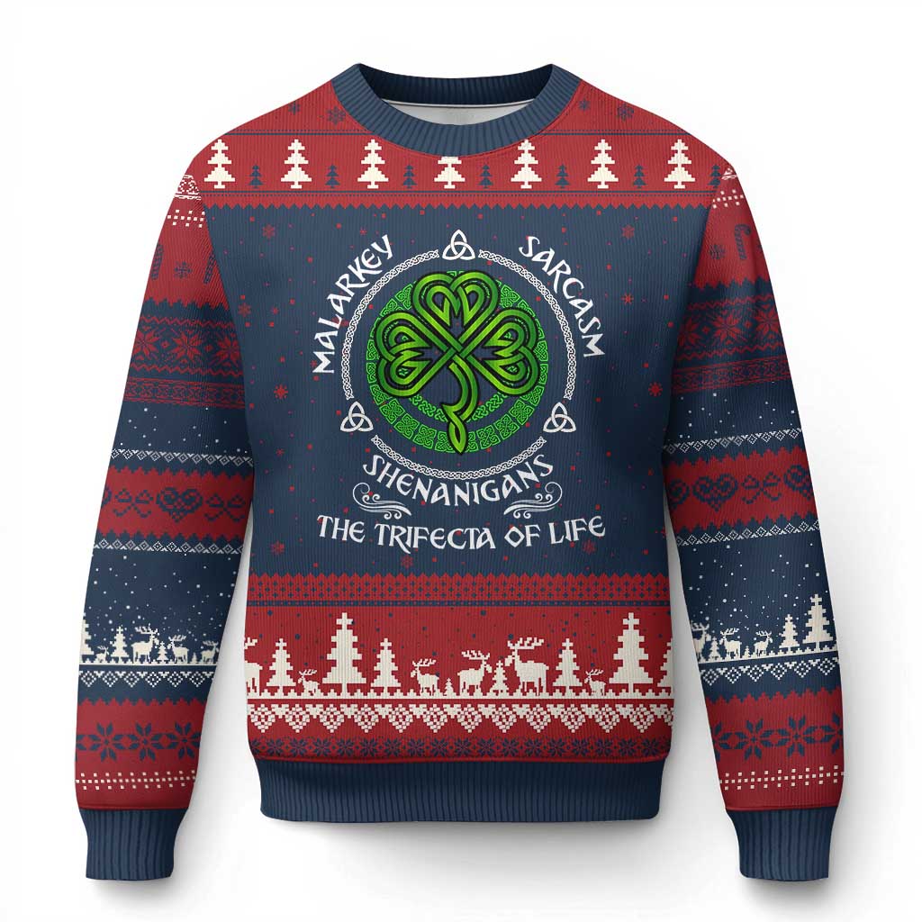 Funny St Patricks Day Irish Pride Ugly Christmas Sweater Malarkey Sarcasm Shenanigans The Trifecta Of Life TS11 Navy Red Print Your Wear