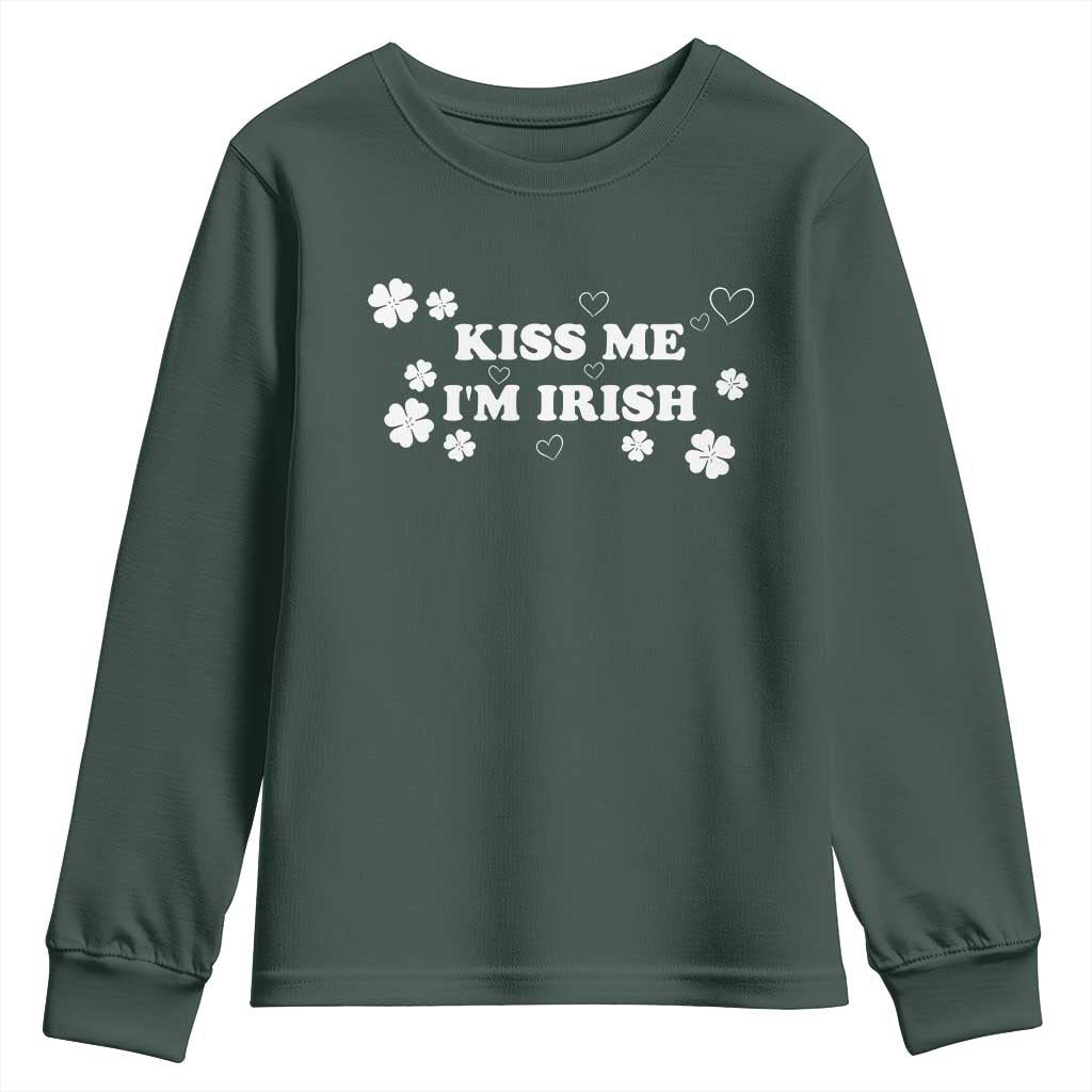 Funny Kiss Me I'm Irish St Patricks Day Youth Sweatshirt TS11 Dark Forest Green Print Your Wear