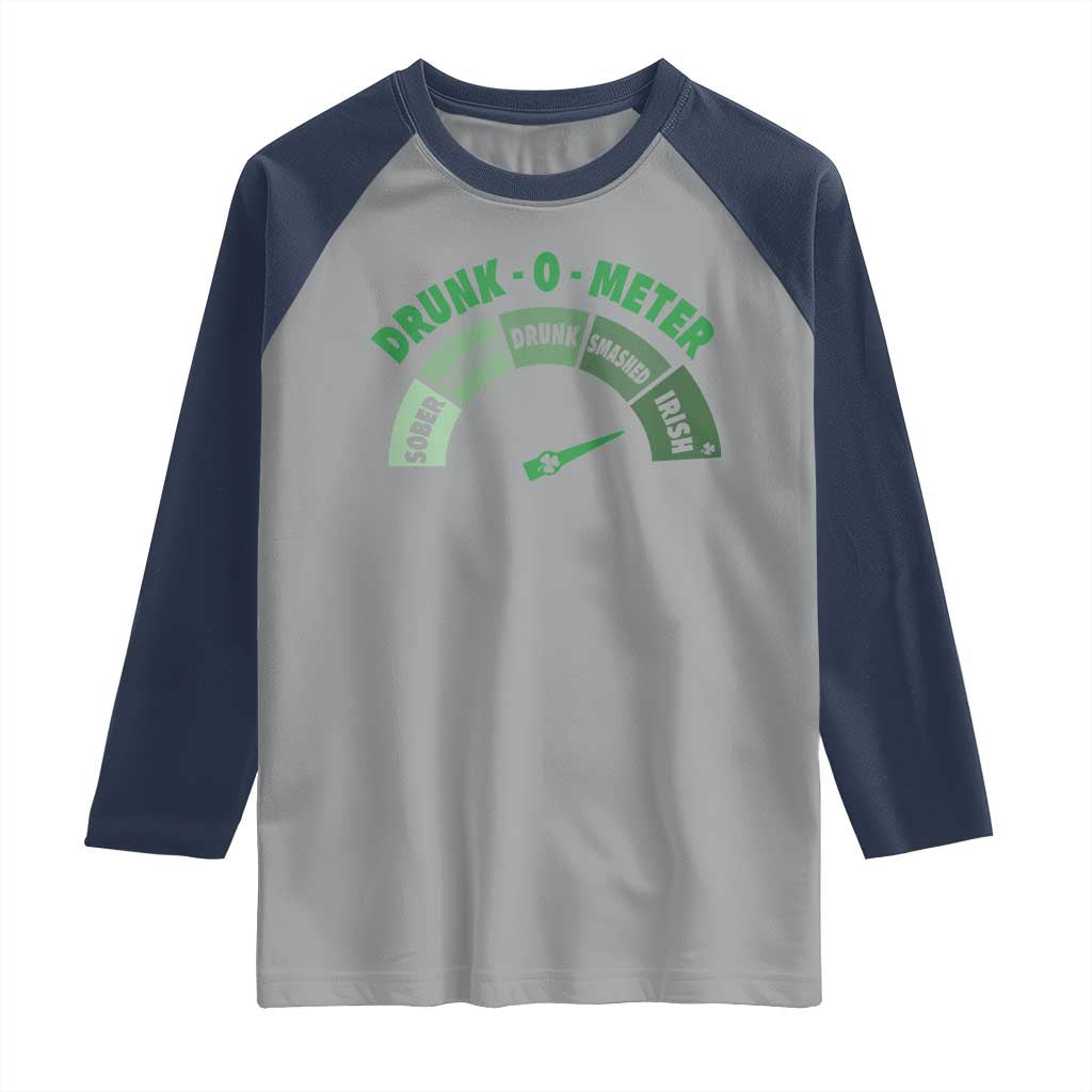 Funny Irish St. Patrick's Day Raglan Shirt Drunk-O-Meter Drinking Party Shamrock TS11 Sport Gray Navy Print Your Wear