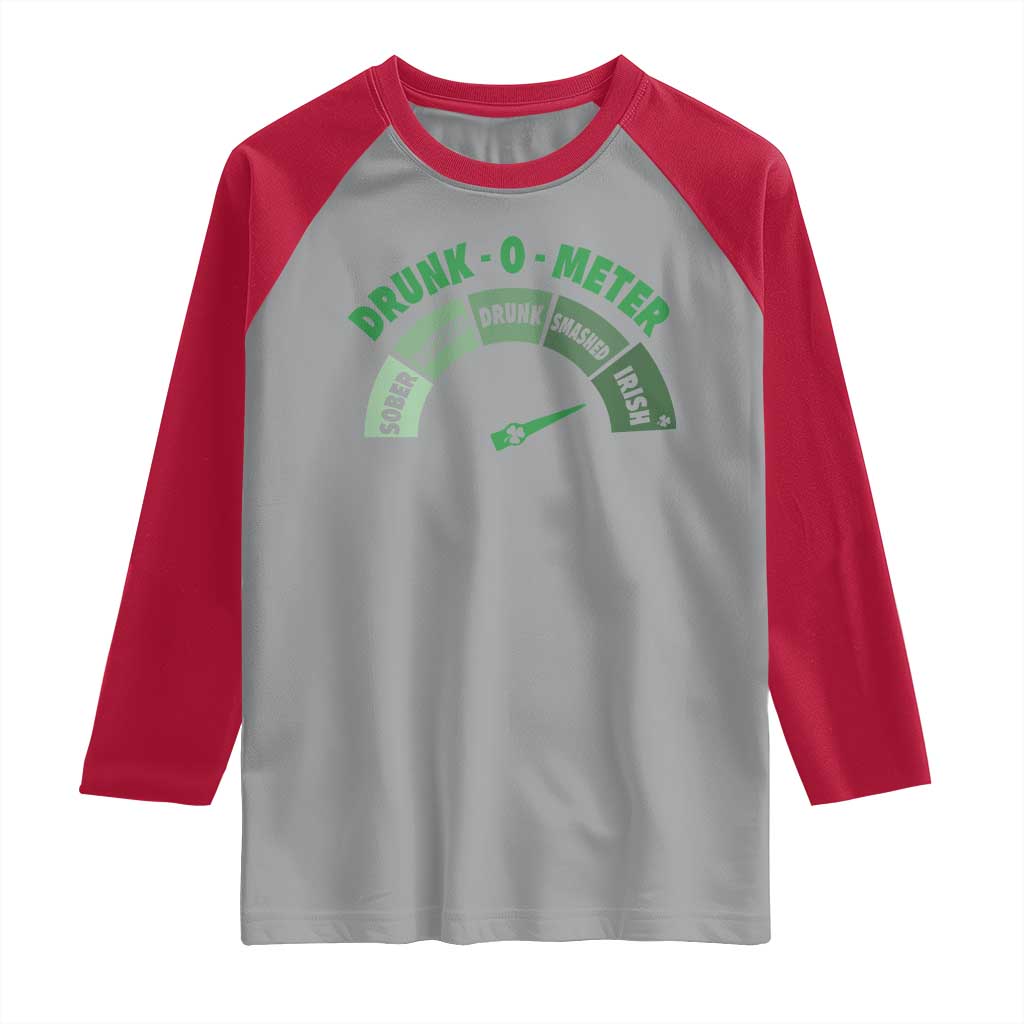 Funny Irish St. Patrick's Day Raglan Shirt Drunk-O-Meter Drinking Party Shamrock TS11 Sport Gray Red Print Your Wear