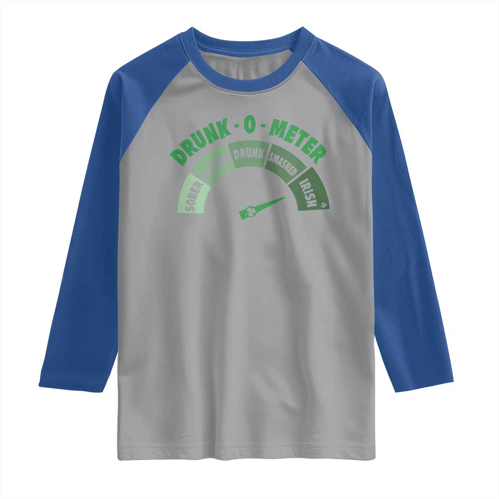Funny Irish St. Patrick's Day Raglan Shirt Drunk-O-Meter Drinking Party Shamrock TS11 Sport Gray Royal Print Your Wear