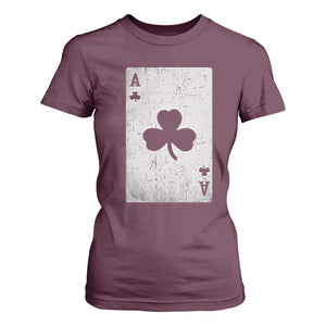 Funny St Patrick's Day Shamrock Clubs Poker Card T Shirt For Women TS11 Maroon Print Your Wear