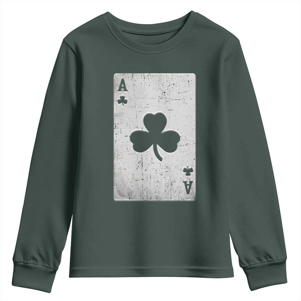 Funny St Patrick's Day Shamrock Clubs Poker Card Youth Sweatshirt TS11 Dark Forest Green Print Your Wear