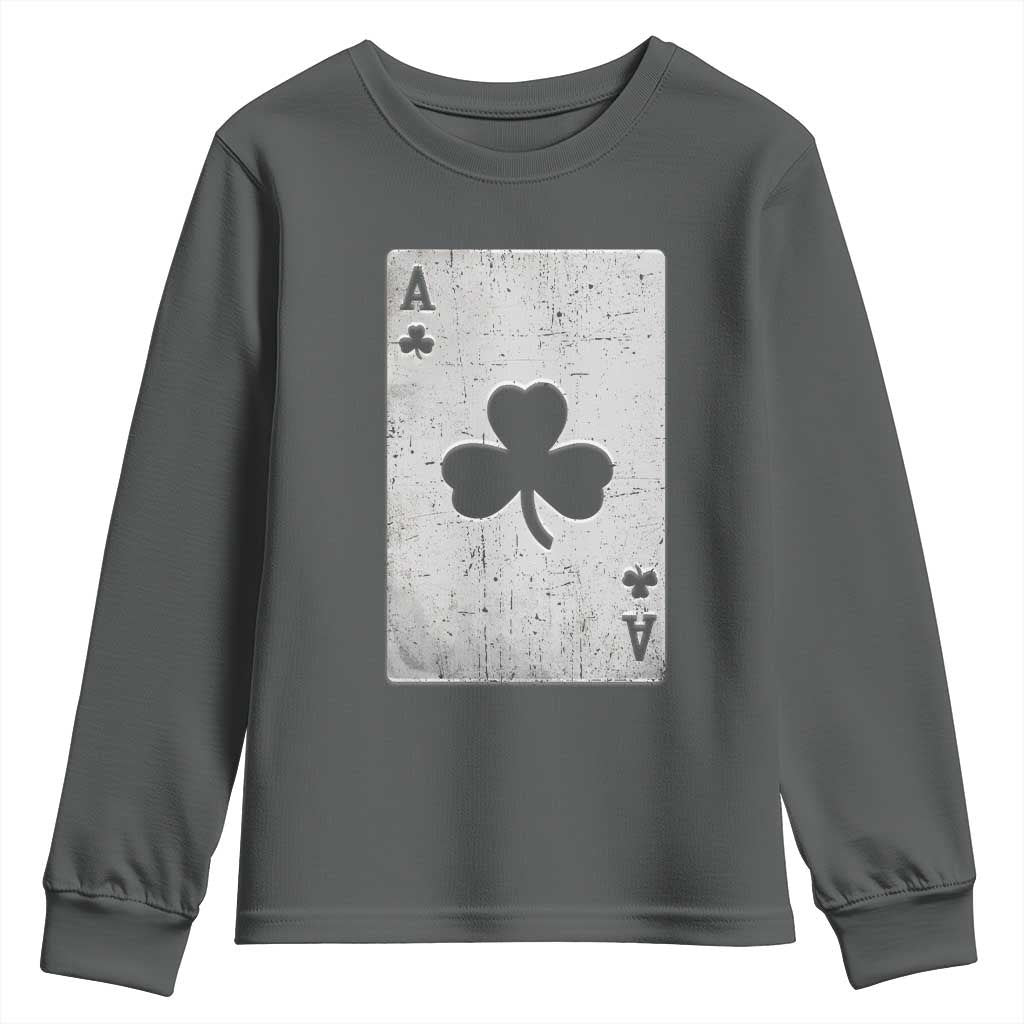 Funny St Patrick's Day Shamrock Clubs Poker Card Youth Sweatshirt TS11 Dark Heather Print Your Wear