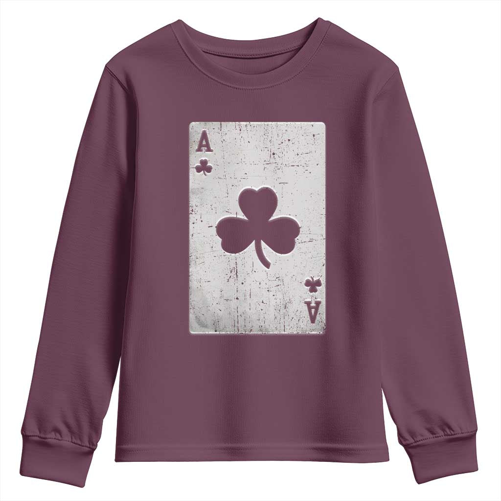 Funny St Patrick's Day Shamrock Clubs Poker Card Youth Sweatshirt TS11 Maroon Print Your Wear