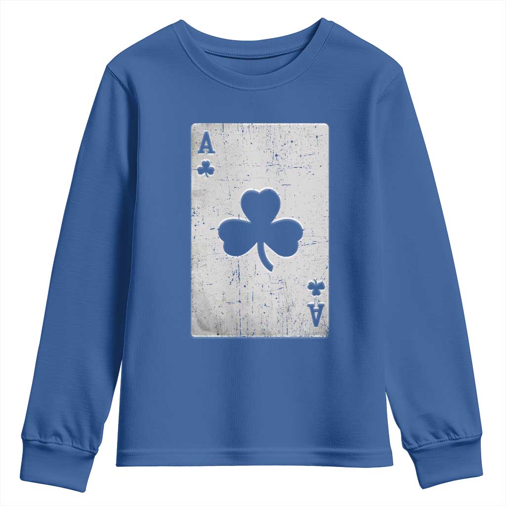 Funny St Patrick's Day Shamrock Clubs Poker Card Youth Sweatshirt TS11 Royal Blue Print Your Wear