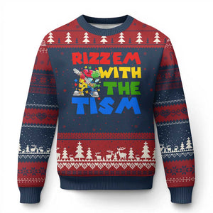 Funny Rizz Em With The Tism Ugly Christmas Sweater Autism Awareness Dabbing Puzzle TS11 Navy Red Print Your Wear
