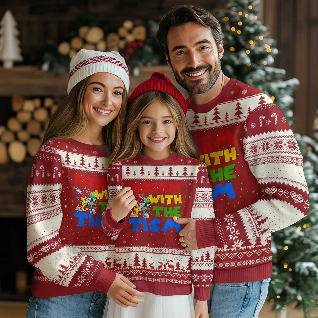 Funny Rizz Em With The Tism Ugly Christmas Sweater Autism Awareness Dabbing Puzzle TS11 Red Beige Print Your Wear