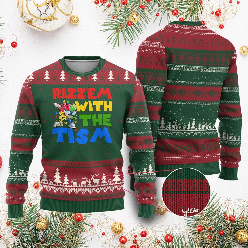 Funny Rizz Em With The Tism Ugly Christmas Sweater Autism Awareness Dabbing Puzzle TS11 Red Green Print Your Wear