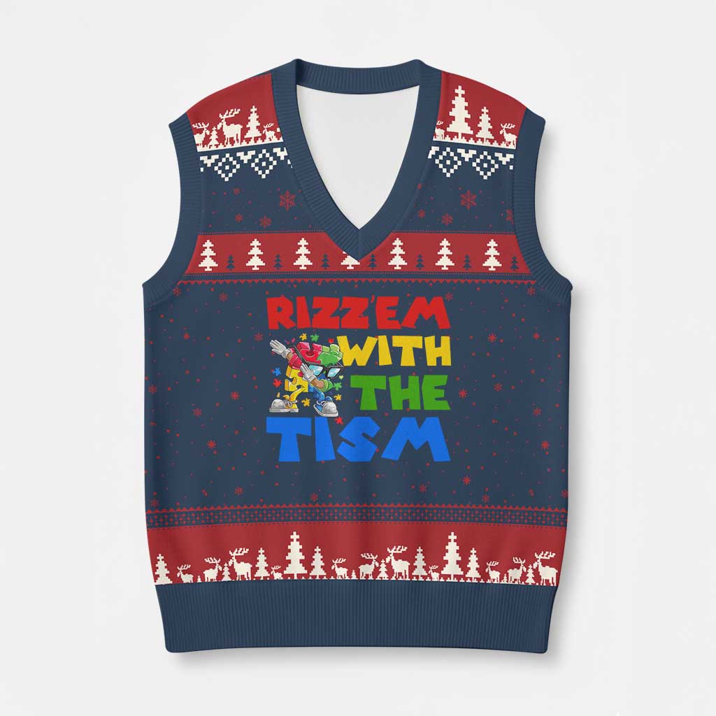 Funny Rizz Em With The Tism V-Neck Knit Sweater Vest Autism Awareness Dabbing Puzzle TS11 Navy Red Print Your Wear