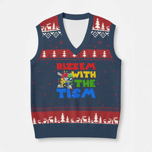 Funny Rizz Em With The Tism V-Neck Knit Sweater Vest Autism Awareness Dabbing Puzzle TS11 Navy Red Print Your Wear